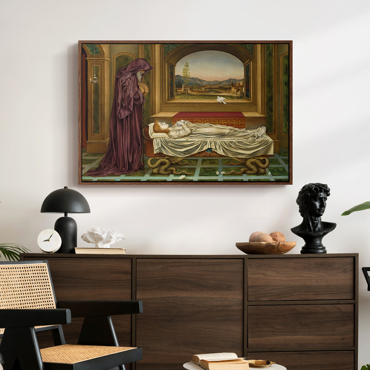 The Wandering Jew: Whom the Gods Love Die Young, 1888 by Evelyn De Morgan displayed in a walnut floater framed canvas above a dark wood credenza in an entryway.