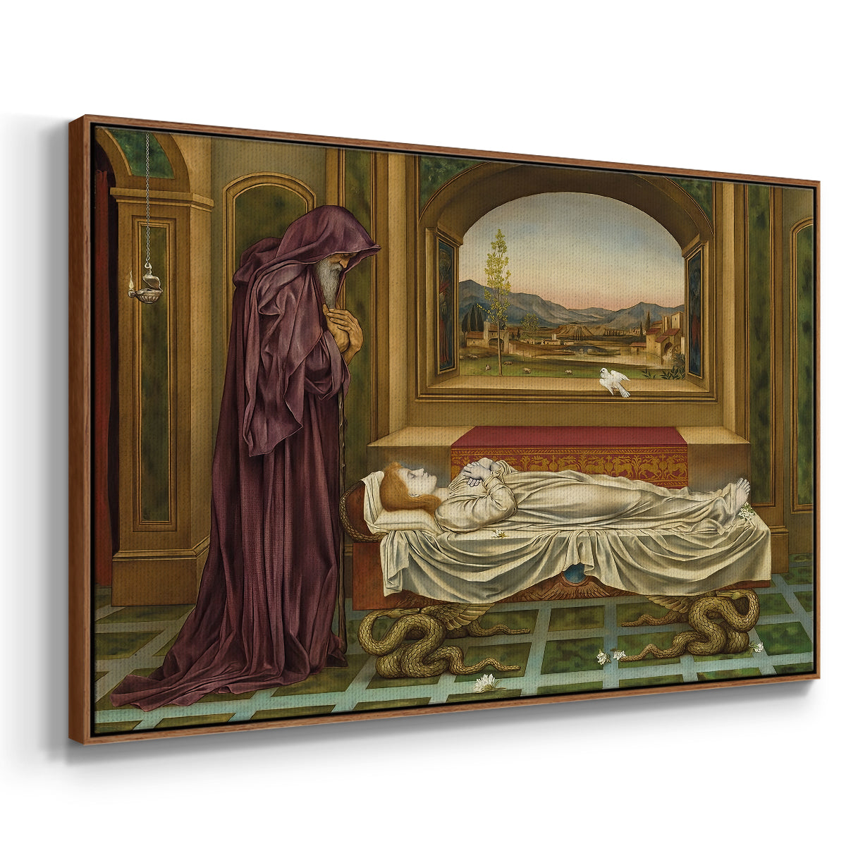 Angled view of The Wandering Jew: Whom the Gods Love Die Young, 1888 by Evelyn De Morgan in a walnut floater framed canvas.