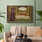 Walnut floater framed canvas featuring a narrative composition with figure paused in reflective moment, displayed above a sofa in a modern living room.