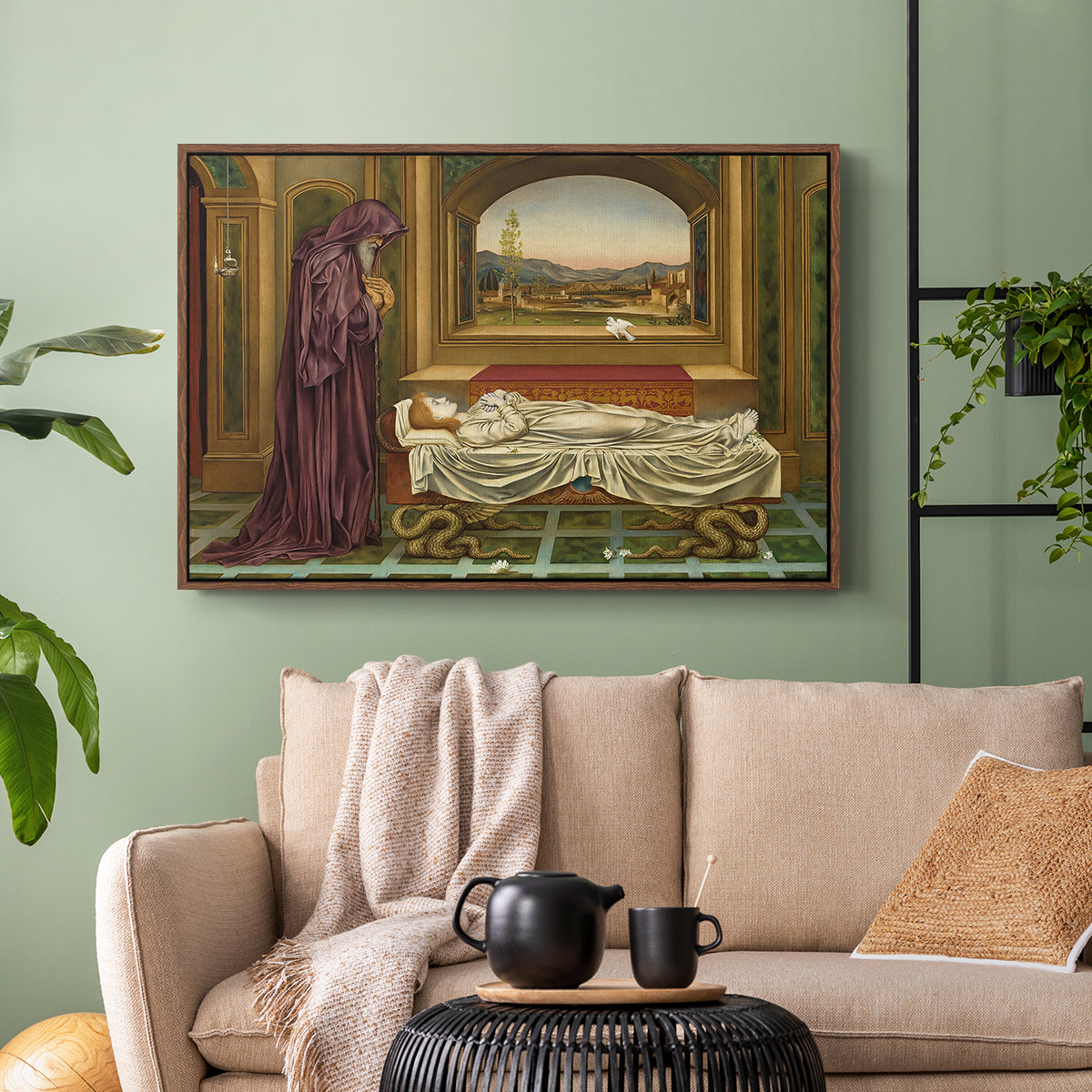 Walnut floater framed canvas featuring a narrative composition with figure paused in reflective moment, displayed above a sofa in a modern living room.