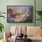 Walnut floater framed canvas featuring a symbolic scene of figure surrounded by evening tones, displayed above a sofa in a modern living room.
