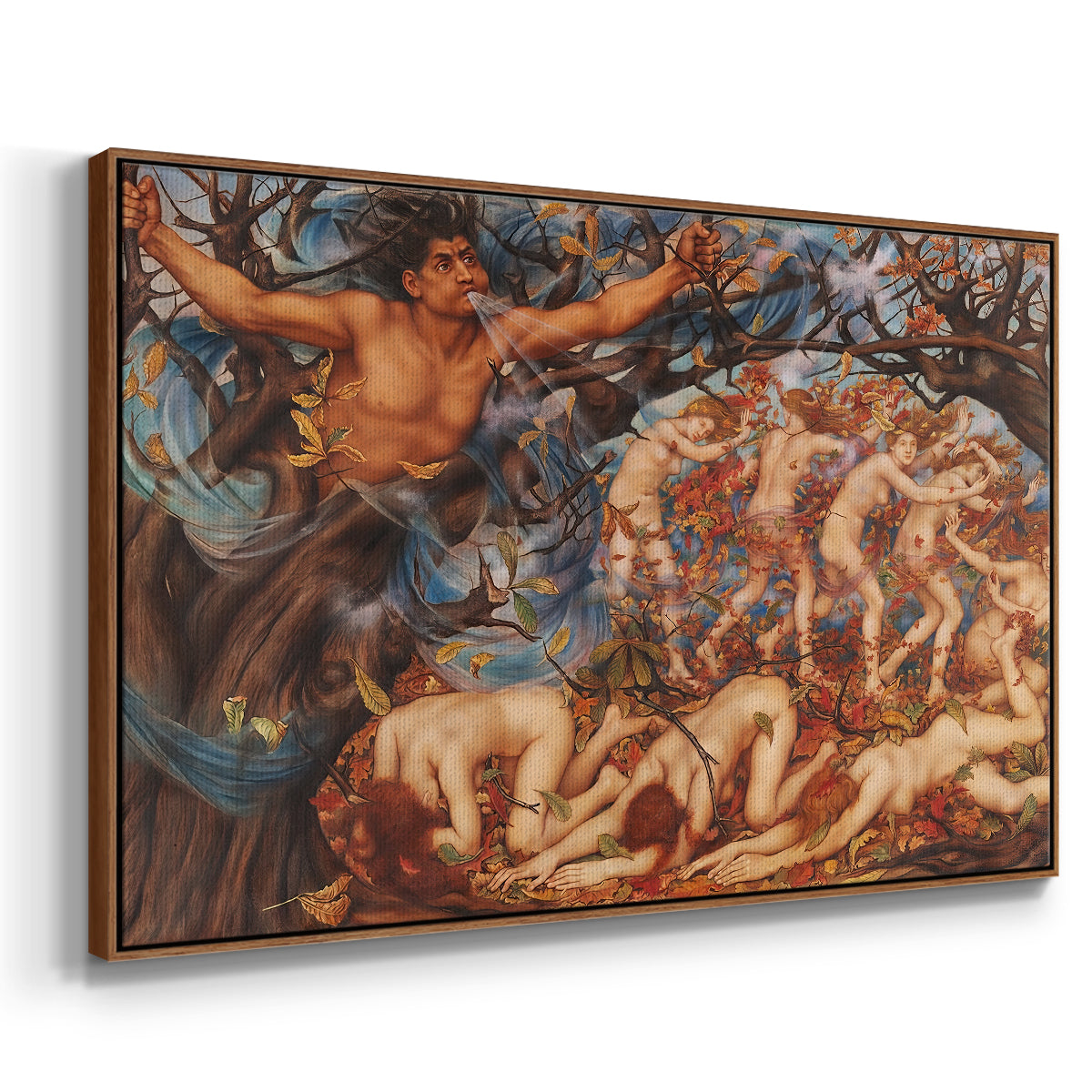 Angled view of Boreas and the Fallen Leaves, c. 1910-1914 by Evelyn De Morgan in a walnut floater framed canvas.