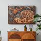 Boreas and the Fallen Leaves, c. 1910-1914 by Evelyn De Morgan in a walnut floater framed canvas featuring swirling figures carried by wind among falling leaves in dynamic composition, displayed above a wood console cabinet.