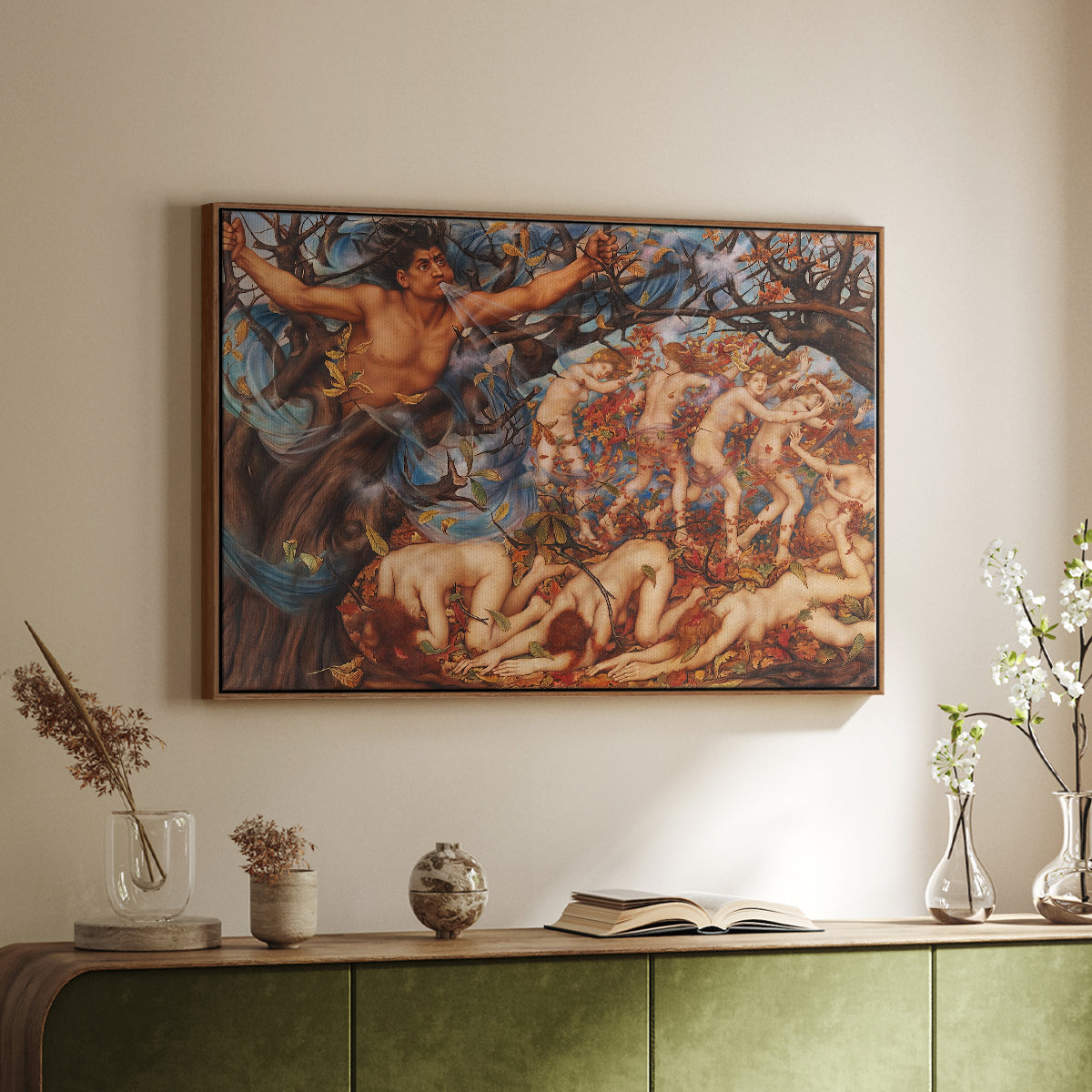 Walnut floater framed canvas of Boreas and the Fallen Leaves, c. 1910-1914 by Evelyn De Morgan, featuring a mythological scene of wind god Boreas moving through autumn leaves above a sideboard in a softly lit hallway.