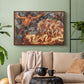 Walnut floater framed canvas featuring a symbolic representation of motion and seasonal change, displayed above a sofa in a modern living room.