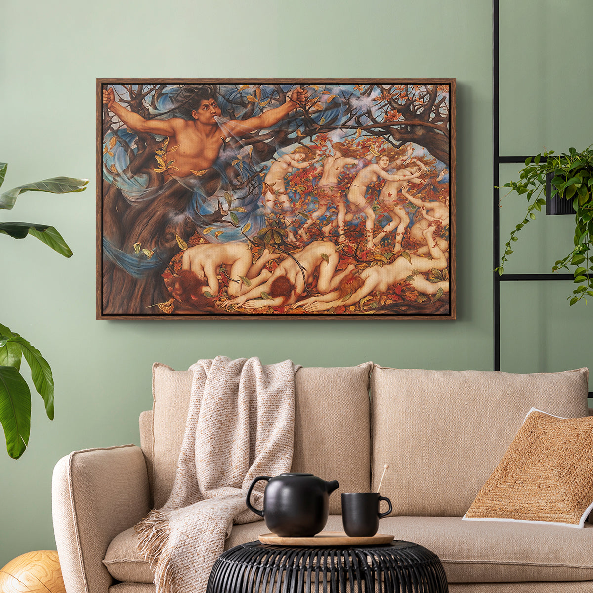 Walnut floater framed canvas featuring a symbolic representation of motion and seasonal change, displayed above a sofa in a modern living room.