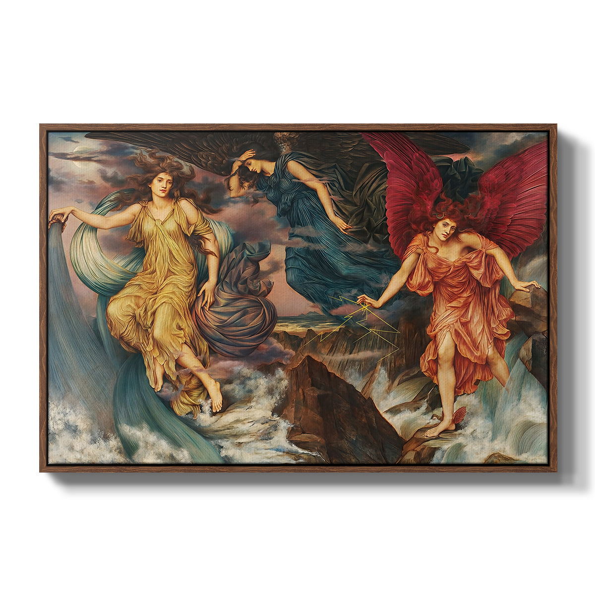 The Storm Spirits, 1900 by Evelyn De Morgan in a walnut floater framed canvas wall art display.