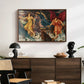 The Storm Spirits, 1900 by Evelyn De Morgan displayed in a walnut floater framed canvas above a dark wood credenza in an entryway.