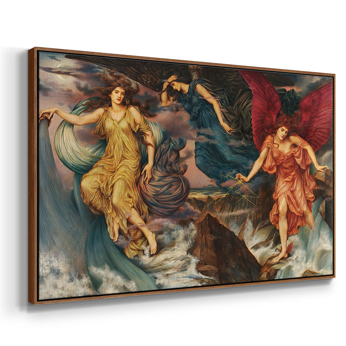 Angled view of The Storm Spirits, 1900 by Evelyn De Morgan in a walnut floater framed canvas.