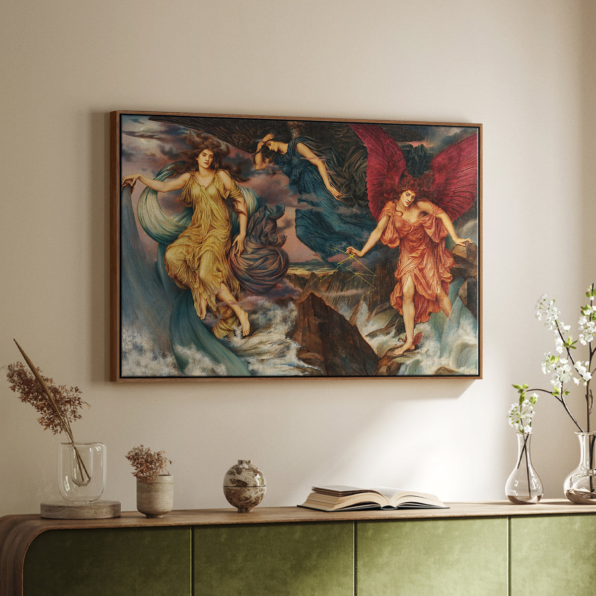 Walnut floater framed canvas of The Storm Spirits, 1900 by Evelyn De Morgan, featuring a dramatic allegory of spirits moving within turbulent sky above a sideboard in a softly lit hallway.