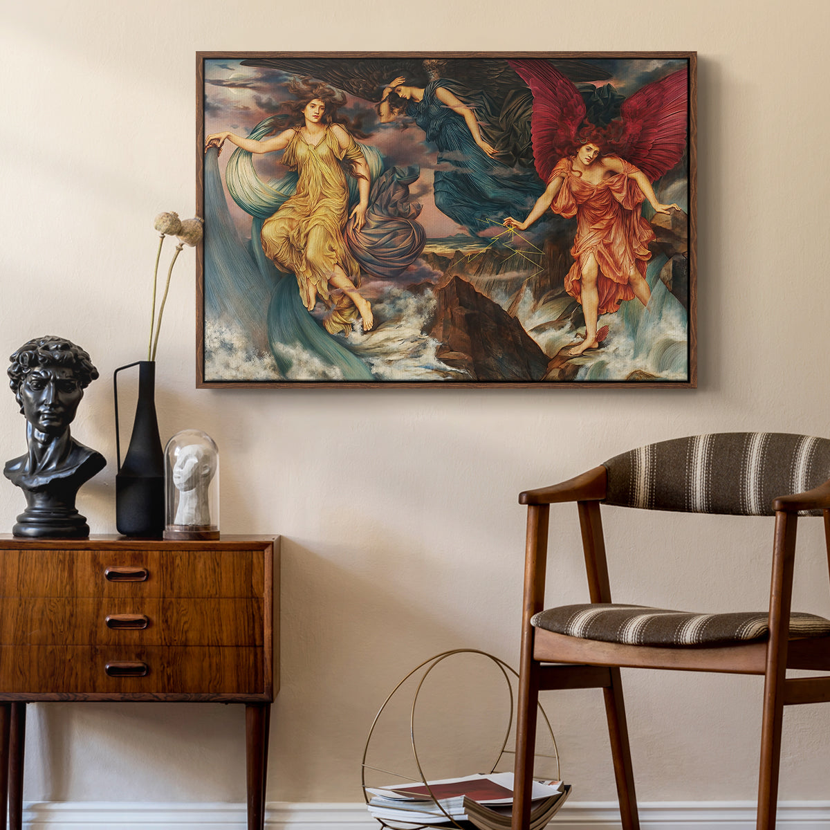 The Storm Spirits, 1900 by Evelyn De Morgan as a walnut floater framed canvas featuring a dynamic composition of figures embodying storm energy, styled above a mid-century console in a contemporary living area.