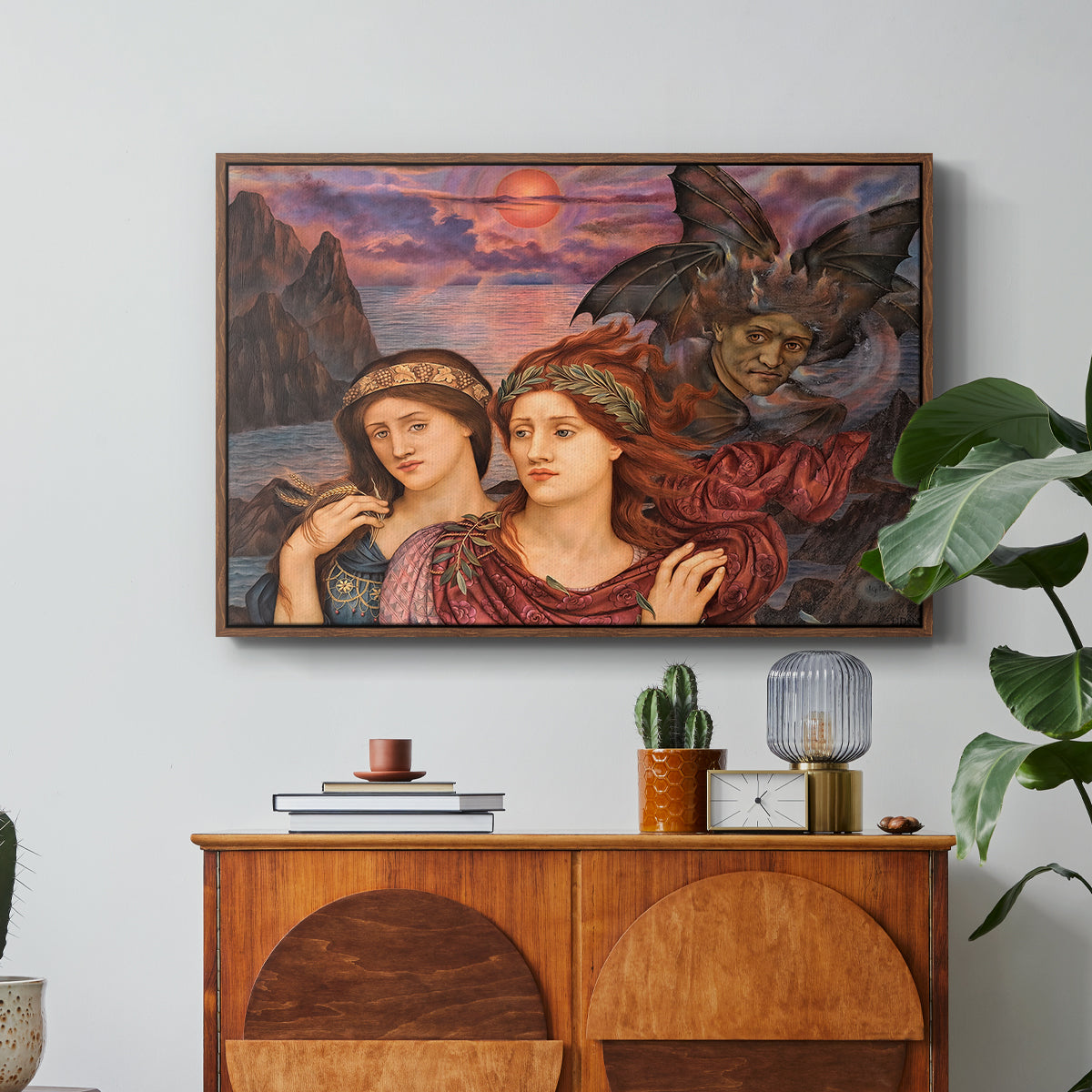The Vision, 1914 by Evelyn De Morgan in a walnut floater framed canvas featuring two female figures gazing outward with vivid sky behind them, displayed above a wood console cabinet.