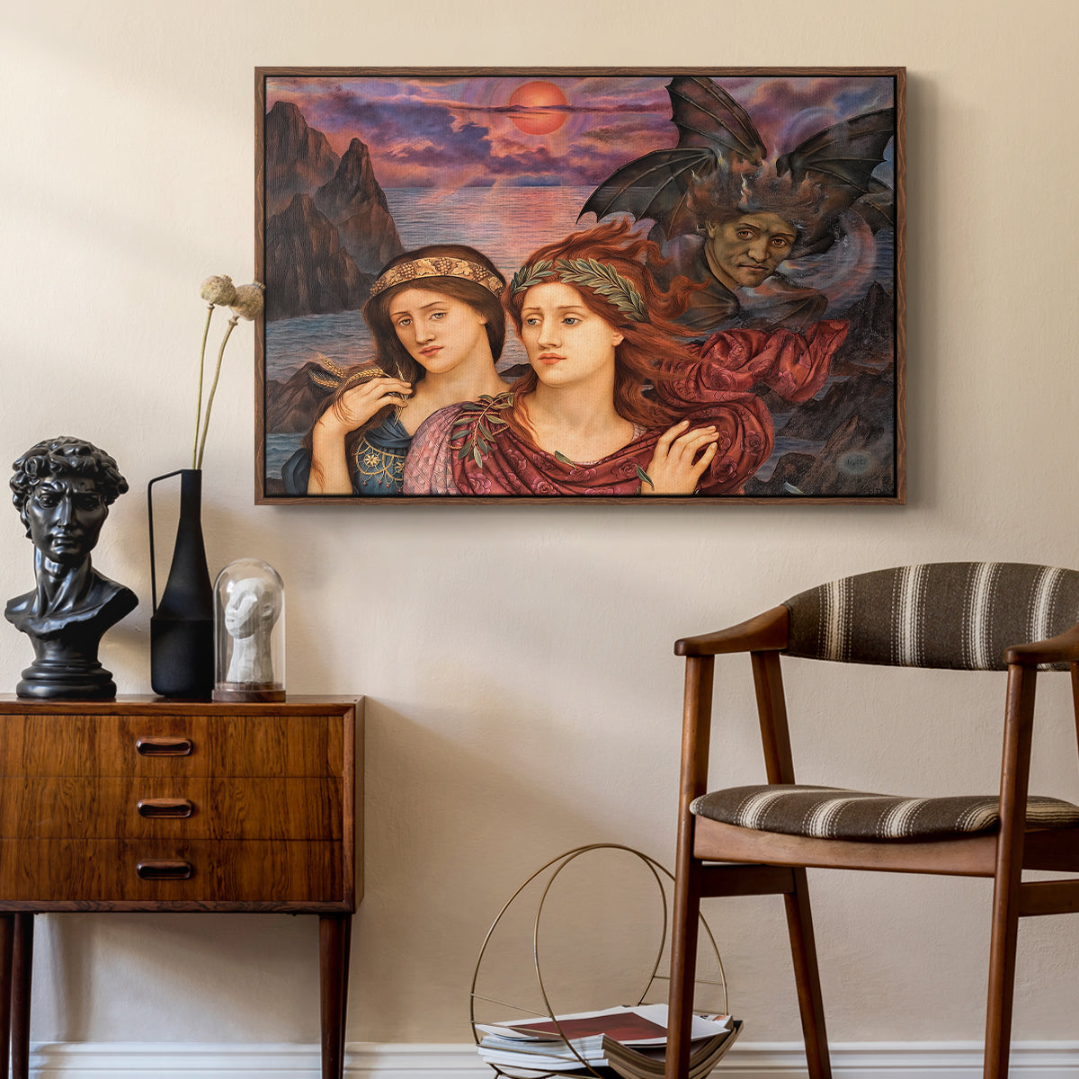 The Vision, 1914 by Evelyn De Morgan as a walnut floater framed canvas featuring an expressive composition with figures and dramatic sky, styled above a mid-century console in a contemporary living area.