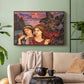 Walnut floater framed canvas featuring an allegorical scene emphasizing emotion and color, displayed above a sofa in a modern living room.