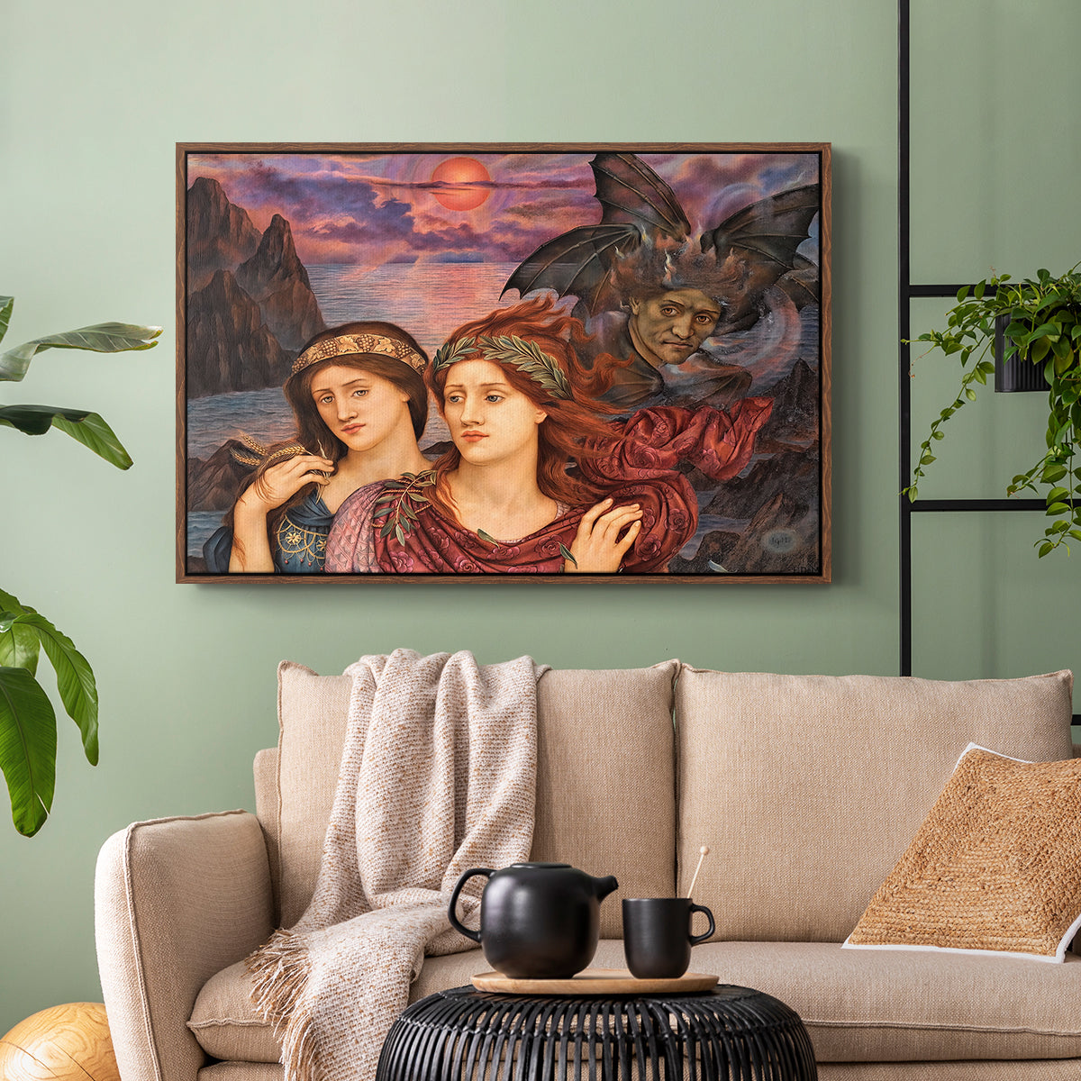 Walnut floater framed canvas featuring an allegorical scene emphasizing emotion and color, displayed above a sofa in a modern living room.