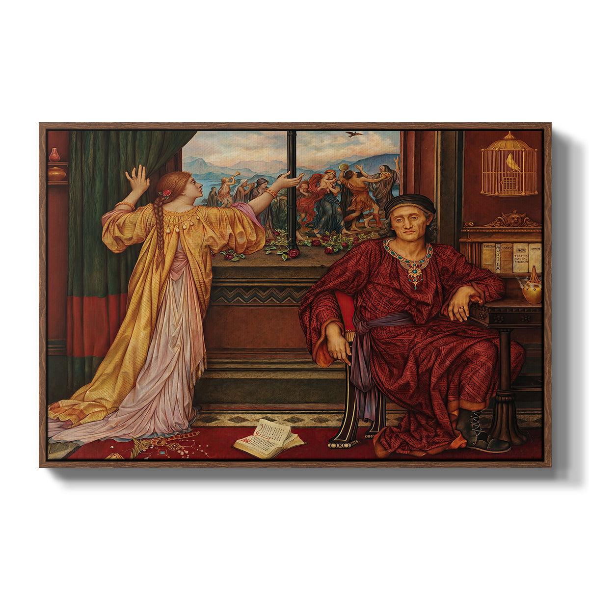 The Gilded Cage, c. 1901-1902 by Evelyn De Morgan in a walnut floater framed canvas wall art display.