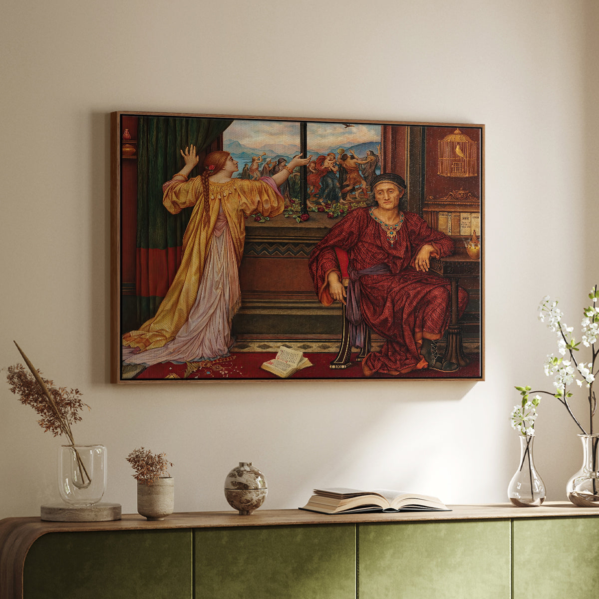 Walnut floater framed canvas of The Gilded Cage, c. 1901-1902 by Evelyn De Morgan, featuring a symbolic scene of figure enclosed within decorative surroundings above a sideboard in a softly lit hallway.