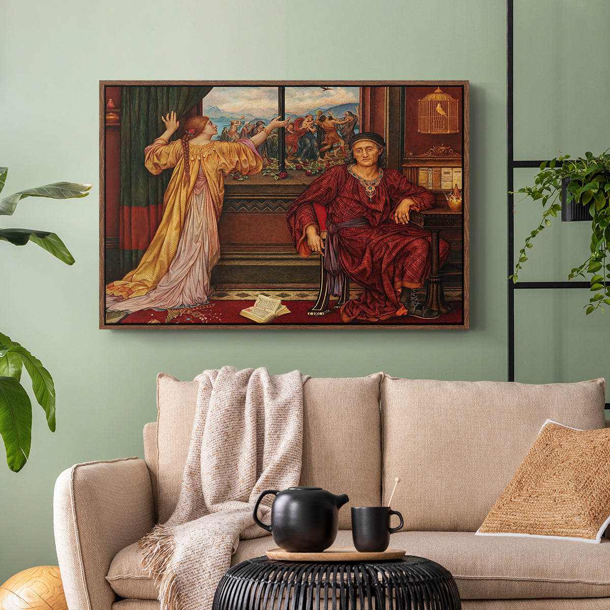 Walnut floater framed canvas featuring an allegorical depiction of beauty and captivity, displayed above a sofa in a modern living room.