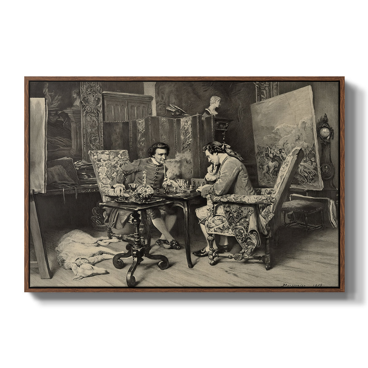 The Chess Players, 1858 by Ernest Meissonier in a walnut floater framed canvas wall art display.