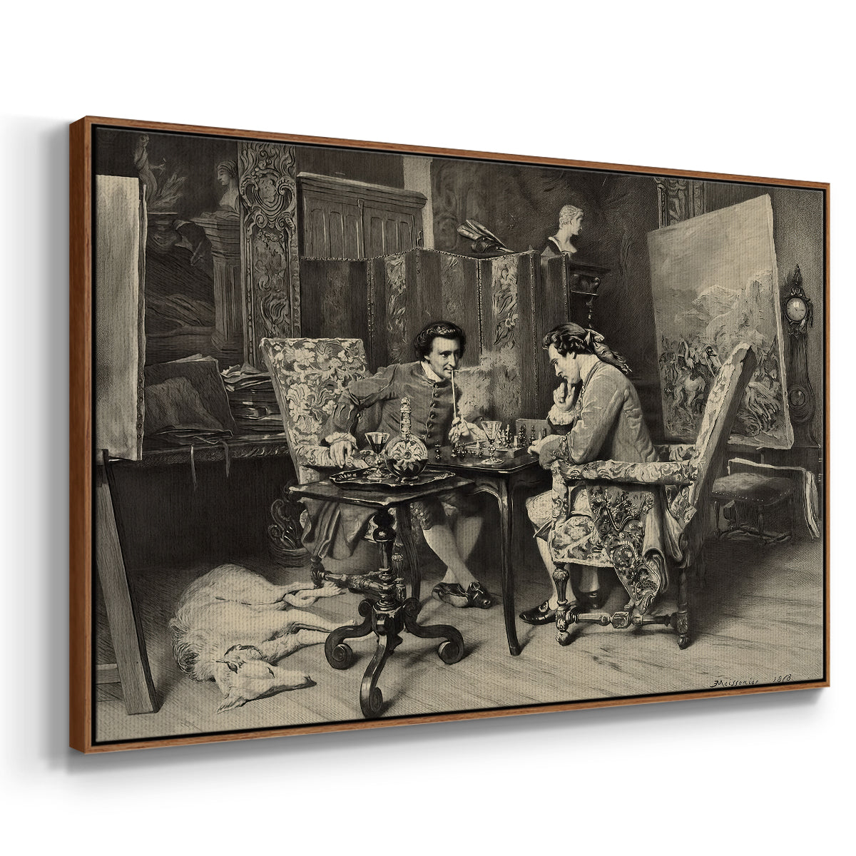Angled view of The Chess Players, 1858 by Ernest Meissonier in a walnut floater framed canvas.