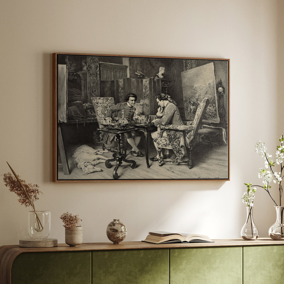 Walnut floater framed canvas of The Chess Players, 1858 by Ernest Meissonier, featuring a realistic scene of figures concentrating on chess game indoors above a sideboard in a softly lit hallway.