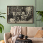 Walnut floater framed canvas featuring a monochrome-style depiction of strategic game between two figures, displayed above a sofa in a modern living room.
