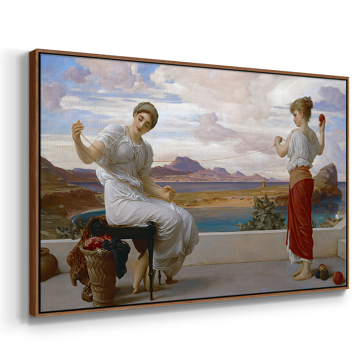 Angled view of Winding the Skein, c. 1878 by Frederic Leighton in a walnut floater framed canvas.