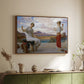 Walnut floater framed canvas of Winding the Skein, c. 1878 by Frederic Leighton, featuring two women engaged in textile work with draped garments above a sideboard in a softly lit hallway.