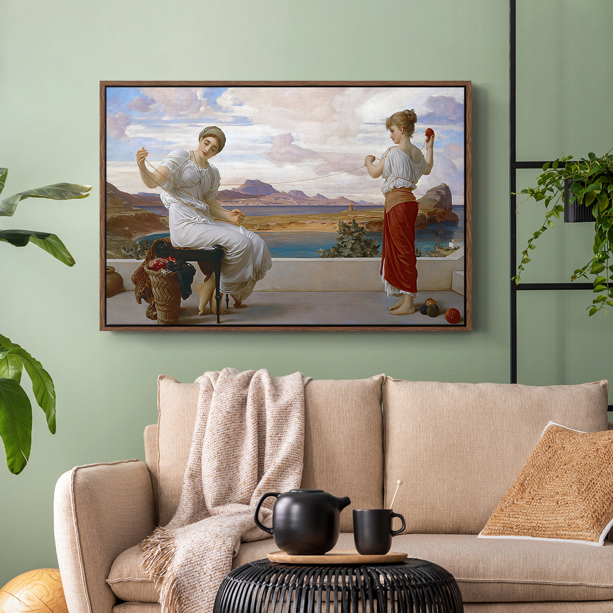 Walnut floater framed canvas featuring an elegant composition of women performing domestic task, displayed above a sofa in a modern living room.