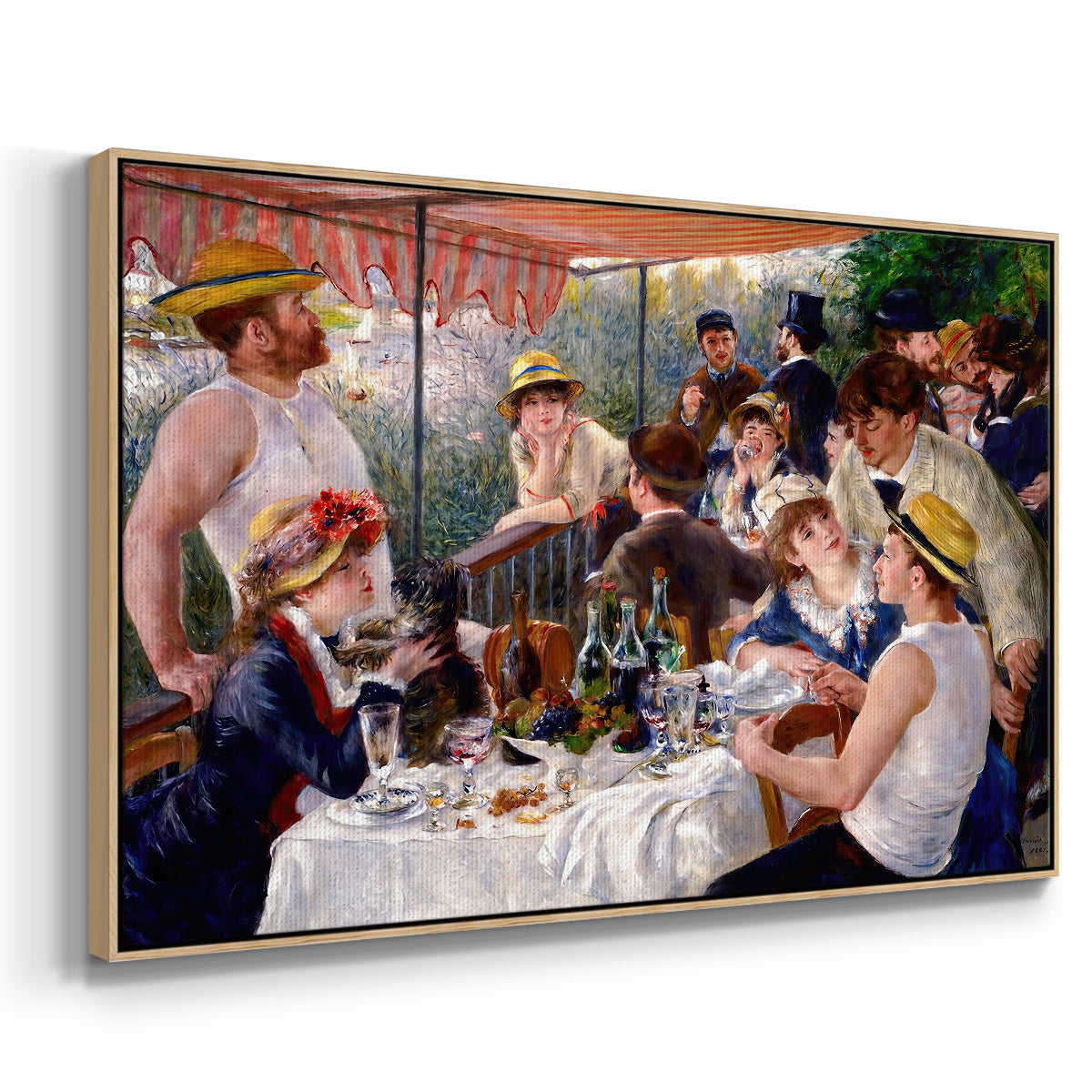 Angled view of Luncheon of the Boating Party (Le Déjeuner des canotiers), 1880-1881 by Pierre-Auguste Renoir in a natural wood floater framed canvas.