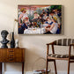 Luncheon of the Boating Party (Le Déjeuner des canotiers), 1880-1881 by Pierre-Auguste Renoir as a natural wood floater framed canvas featuring an impressionist scene of friends enjoying lunch with wine and conversation, styled above a mid-century console in a contemporary living area.
