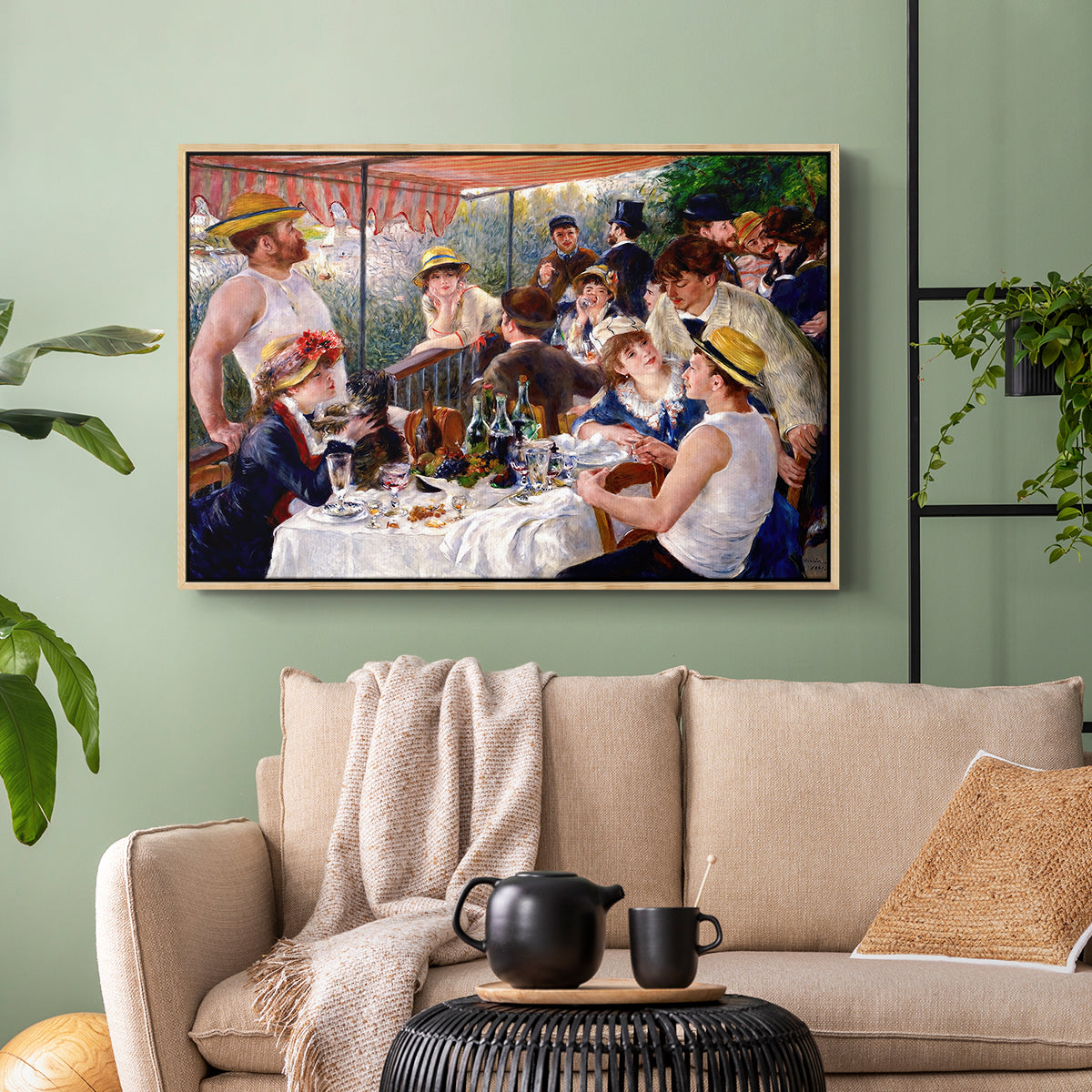 Natural wood floater framed canvas featuring a social dining scene with figures seated around table on riverside terrace, displayed above a sofa in a modern living room.
