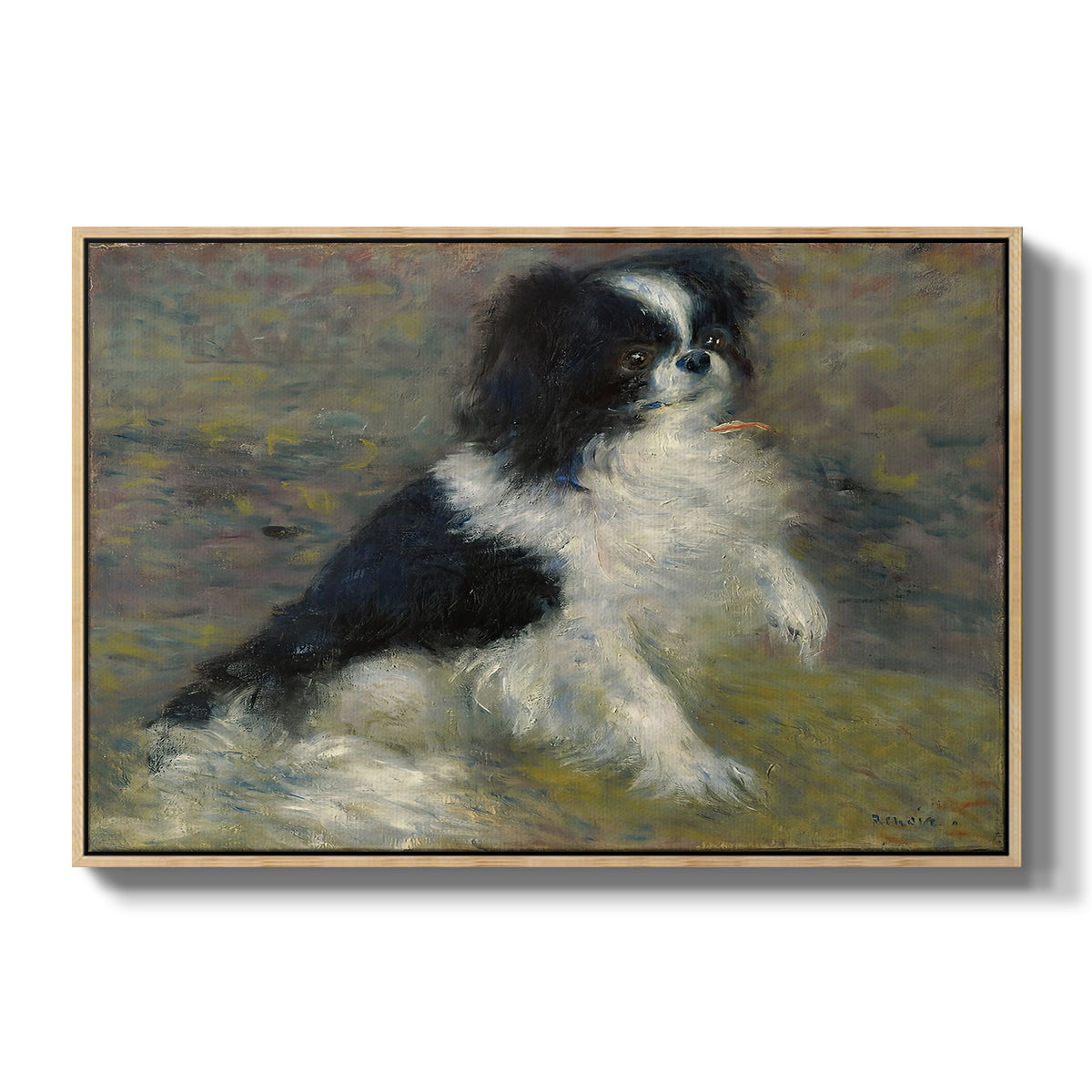 Tama, the Japanese Dog, c. 1876 by Pierre-Auguste Renoir in a natural wood floater framed canvas wall art display.