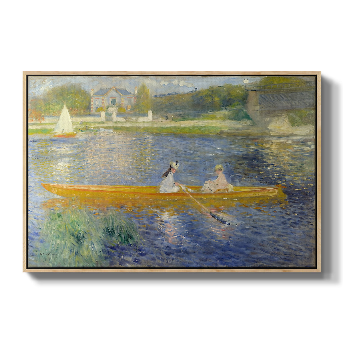 The Skiff (La Yole), 1875 by Pierre-Auguste Renoir in a natural wood floater framed canvas wall art display.
