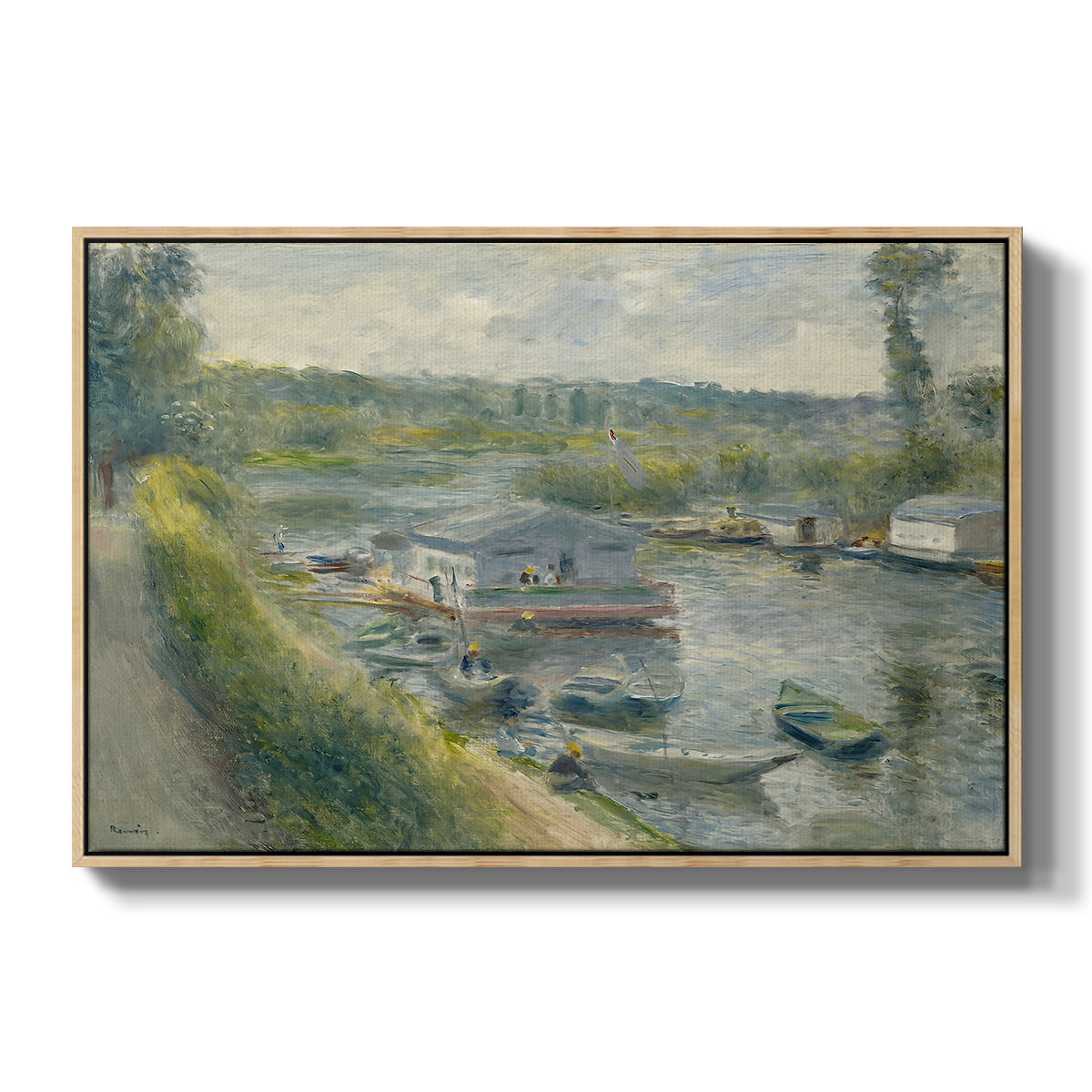 Wash-House Boat at Bas-Meudon, c. 1874 by Pierre-Auguste Renoir in a natural wood floater framed canvas wall art display.