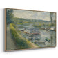 Angled view of Wash-House Boat at Bas-Meudon, c. 1874 by Pierre-Auguste Renoir in a natural wood floater framed canvas.