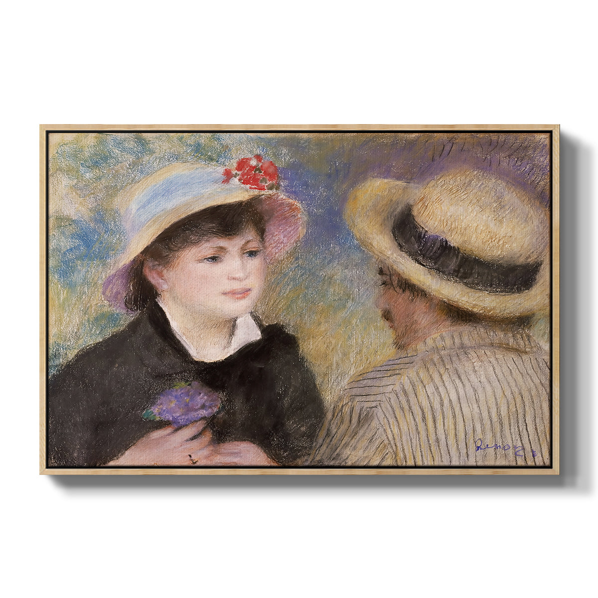Boating Couple (Aline Charigot and Renoir), c. 1881 by Pierre-Auguste Renoir in a natural wood floater framed canvas wall art display.