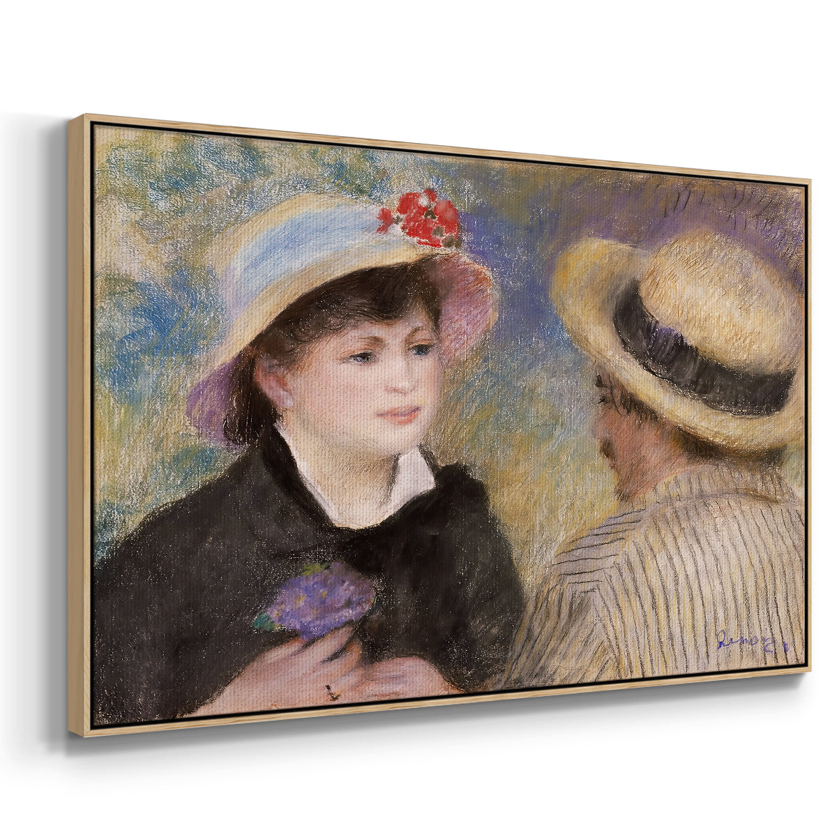 Angled view of Boating Couple (Aline Charigot and Renoir), c. 1881 by Pierre-Auguste Renoir in a natural wood floater framed canvas.