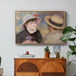 Boating Couple (Aline Charigot and Renoir), c. 1881 by Pierre-Auguste Renoir in a natural wood floater framed canvas featuring a close-up of a couple seated together outdoors with hats and soft sunlight, displayed above a wood console cabinet.