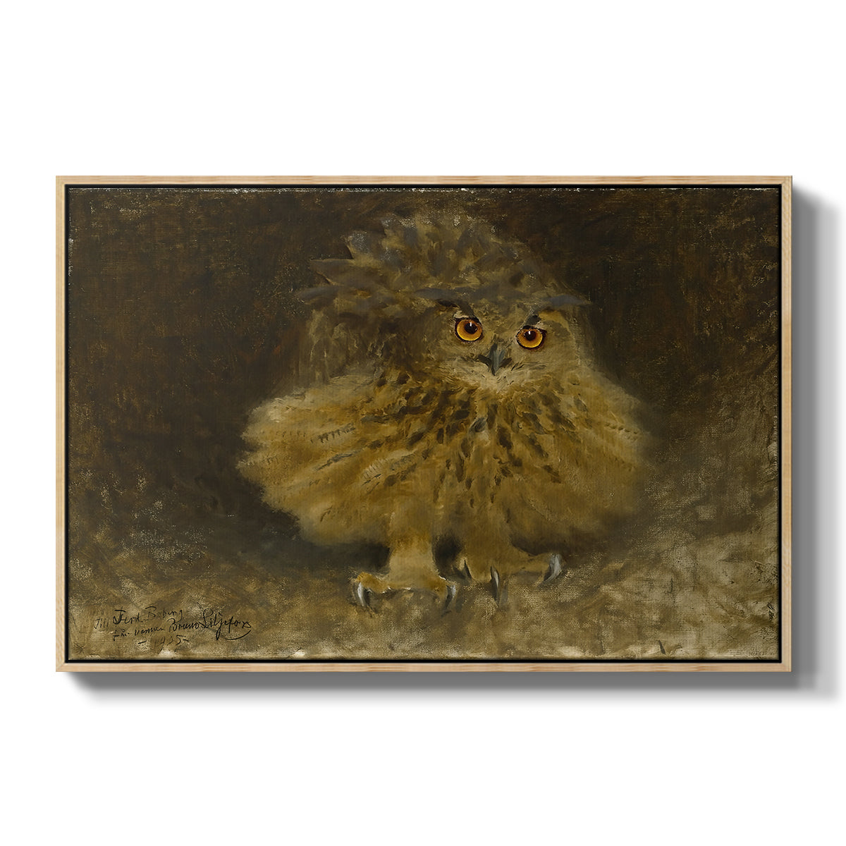 An Eagle Owl (Berguv), 1905 by Bruno Liljefors in a natural wood floater framed canvas wall art display.