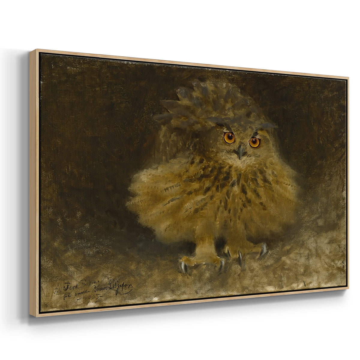 Angled view of An Eagle Owl (Berguv), 1905 by Bruno Liljefors in a natural wood floater framed canvas.