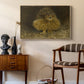 An Eagle Owl (Berguv), 1905 by Bruno Liljefors as a natural wood floater framed canvas featuring a bird of prey resting on tree branch with textured feathers, styled above a mid-century console in a contemporary living area.