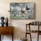 Common Swifts, 1886 by Bruno Liljefors as a natural wood floater framed canvas featuring a multiple birds flying together in natural outdoor scene, styled above a mid-century console in a contemporary living area.