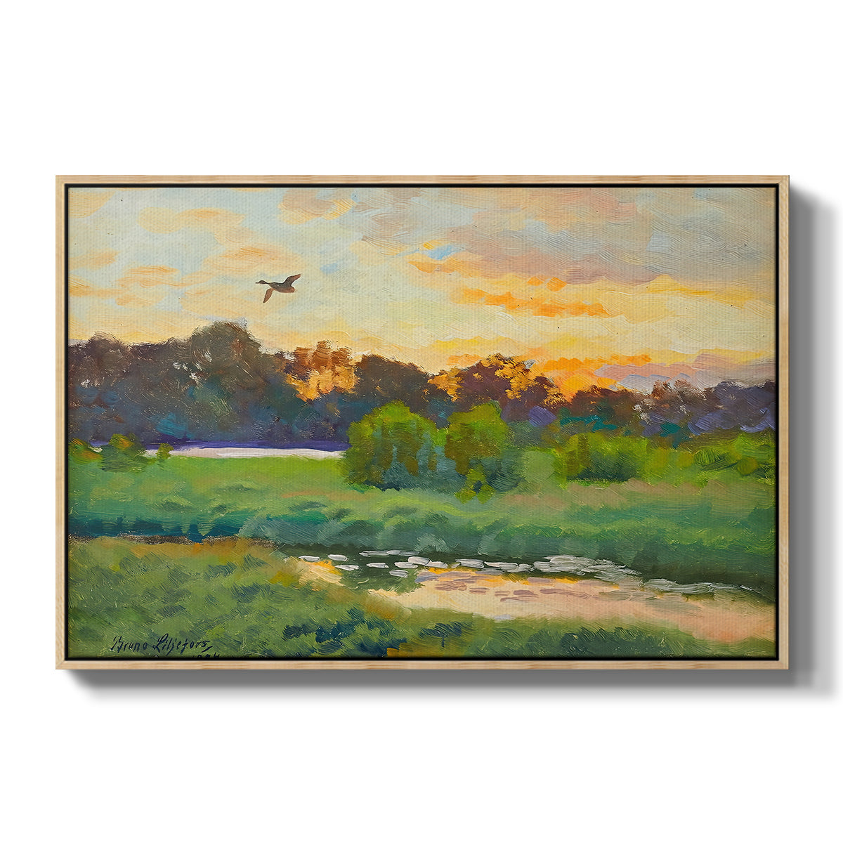 Flying Duck at Sunset, 1924 by Bruno Liljefors in a natural wood floater framed canvas wall art display.