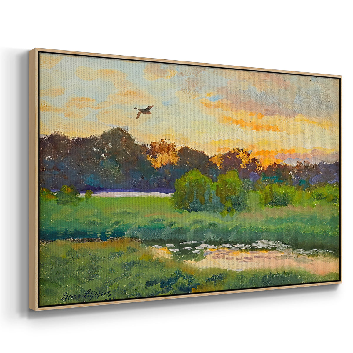 Angled view of Flying Duck at Sunset, 1924 by Bruno Liljefors in a natural wood floater framed canvas.