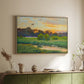 Natural wood floater framed canvas of Flying Duck at Sunset, 1924 by Bruno Liljefors, featuring a lone duck soaring over a glowing marshland above a sideboard in a softly lit hallway.