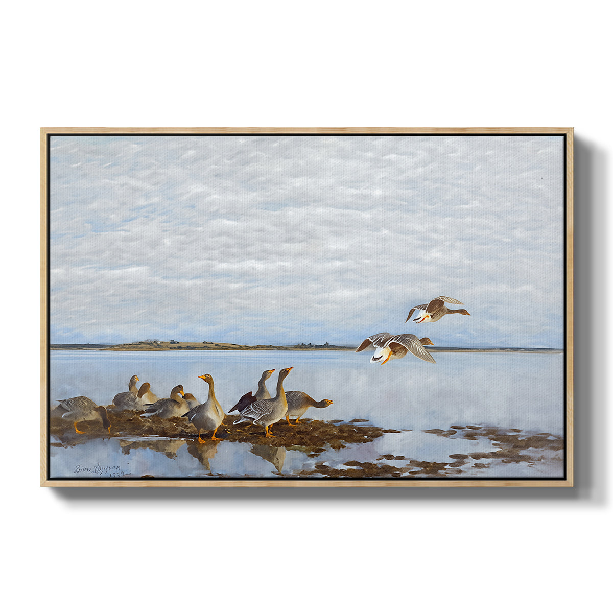 Greylag Geese (Grågäss), 1922 by Bruno Liljefors in a natural wood floater framed canvas wall art display.