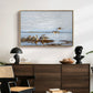 Greylag Geese (Grågäss), 1922 by Bruno Liljefors displayed in a natural wood floater framed canvas above a dark wood credenza in an entryway.