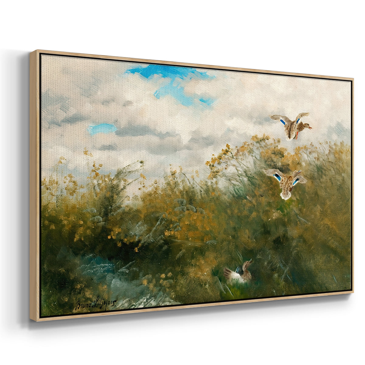 Angled view of Wild Ducks (Grasänder), 1890 by Bruno Liljefors in a natural wood floater framed canvas.