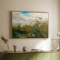 Natural wood floater framed canvas of Wild Ducks (Grasänder), 1890 by Bruno Liljefors, featuring a wildlife scene of ducks walking through tall grass beside water above a sideboard in a softly lit hallway.